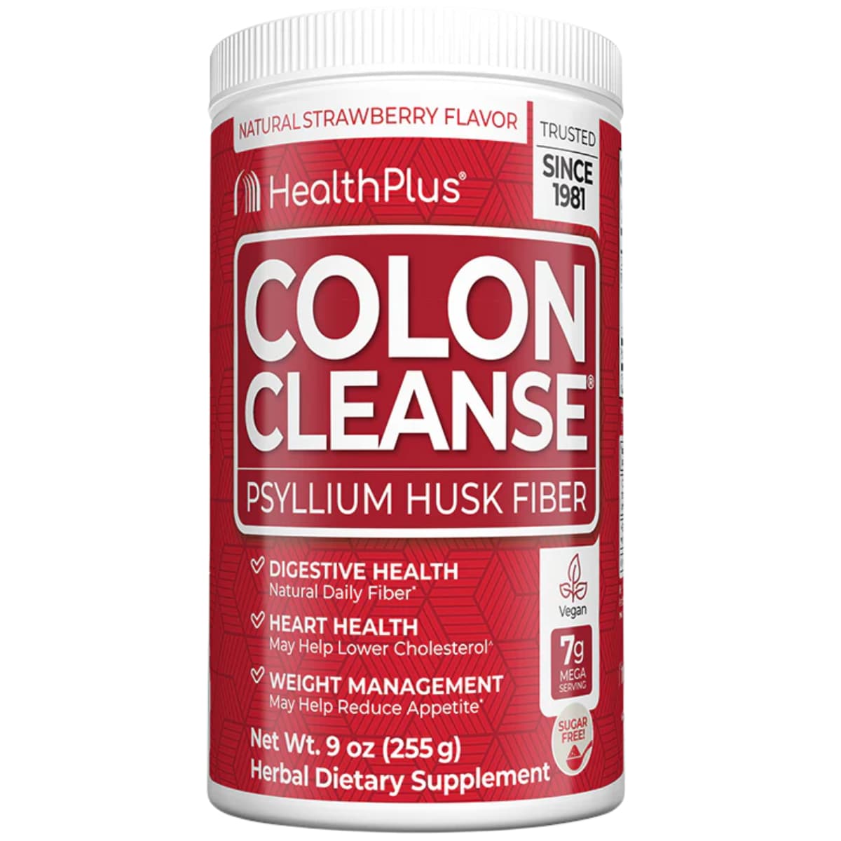 Frasco de suplemento HealthPlus Cáscara de Psyllium Fresa 255 g