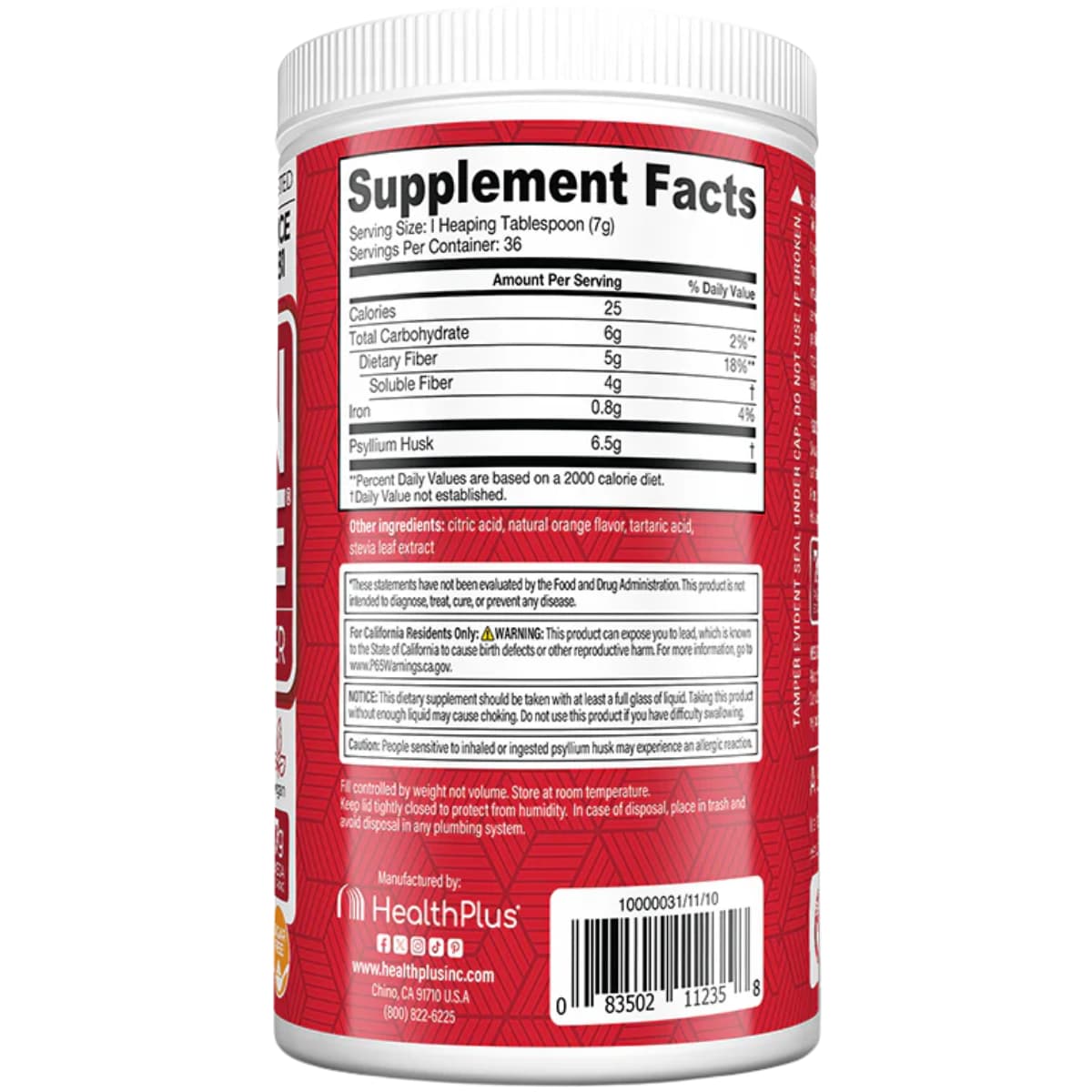 Tabla nutricional del suplemento HealthPlus Cáscara de Psyllium Naranja 255 g
