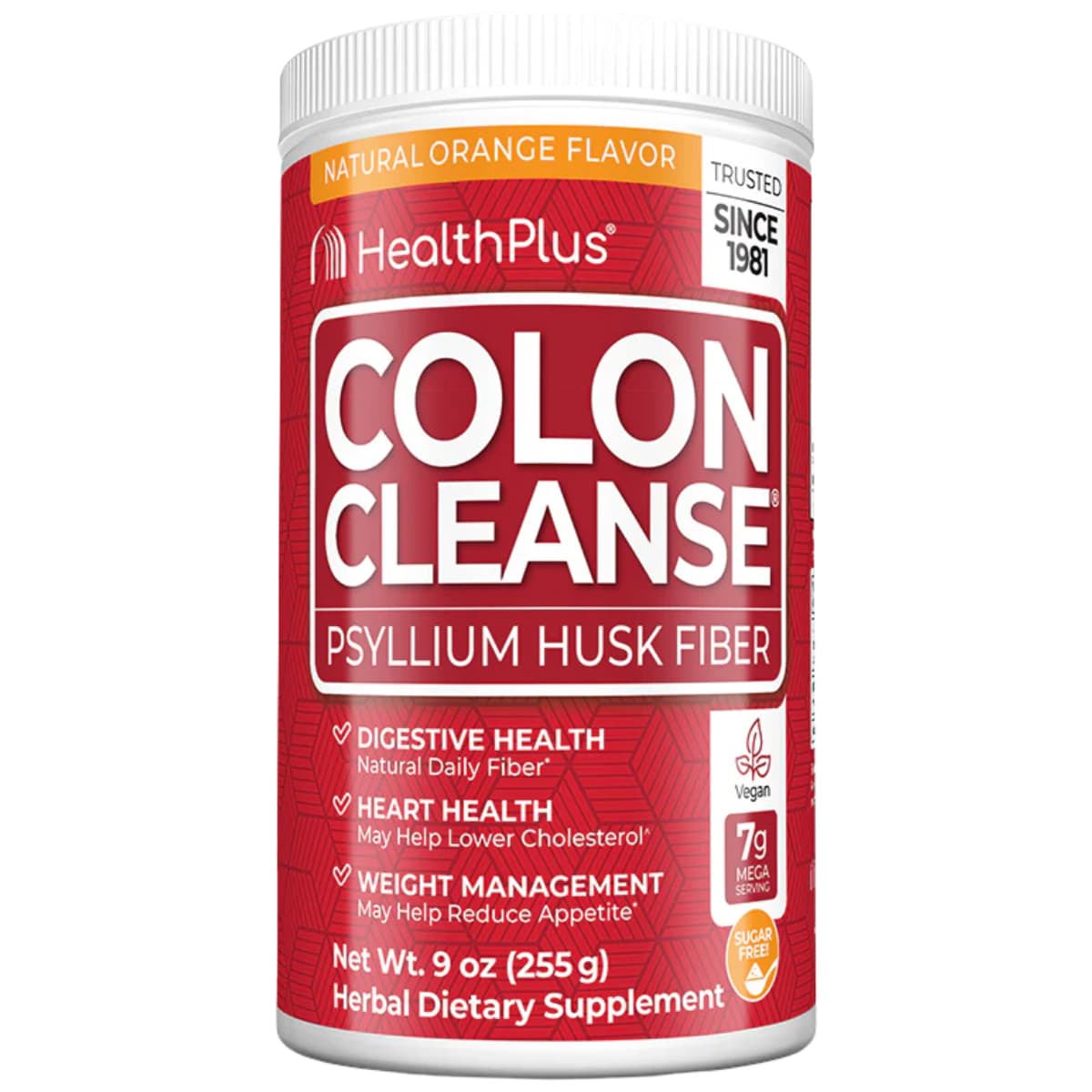 Frasco de suplemento HealthPlus Cáscara de Psyllium Naranja 255 g