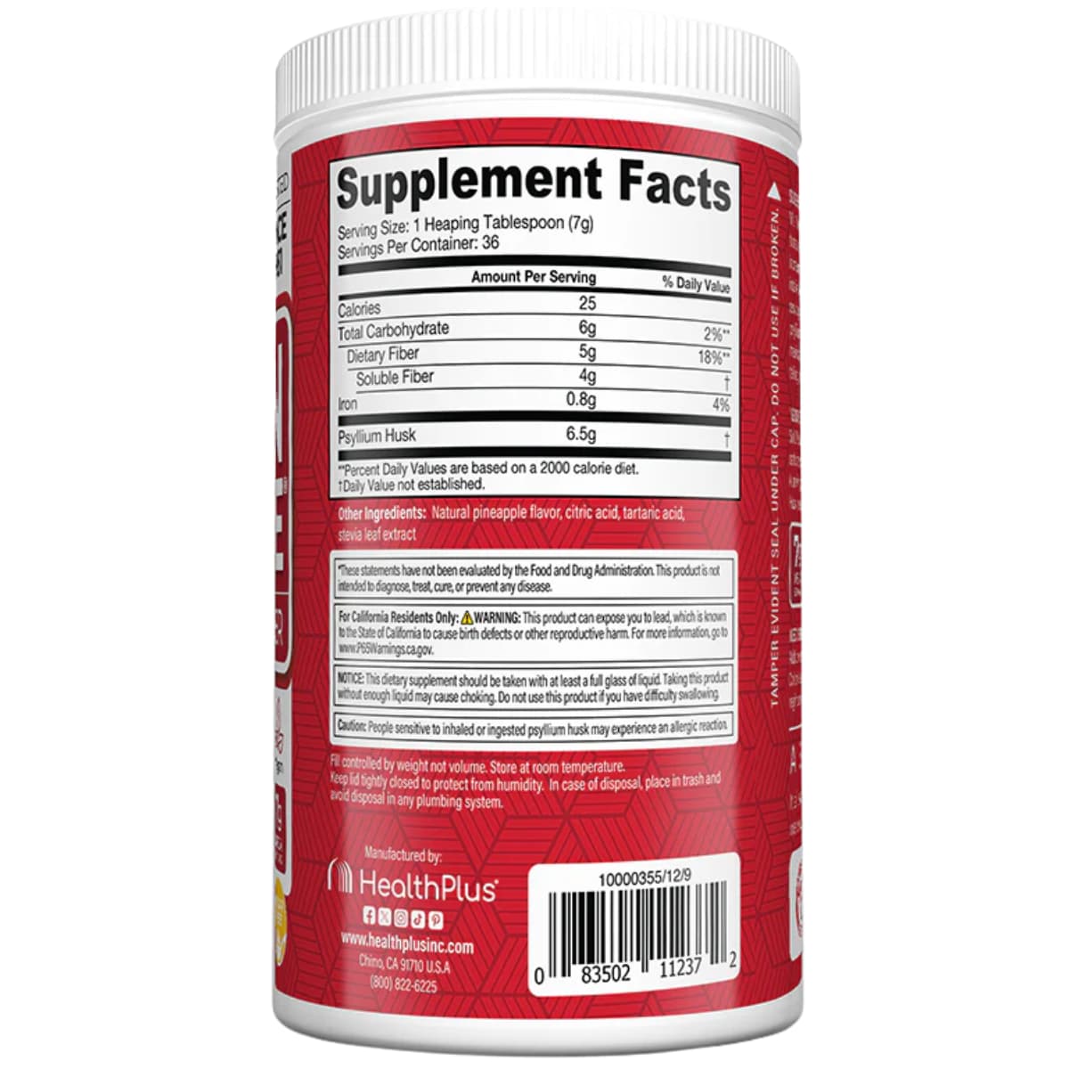 Tabla nutricional del suplemento HealthPlus Cáscara de Psyllium Piña 255 g