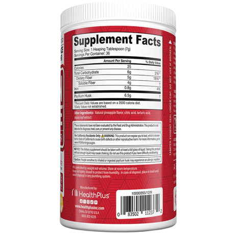Tabla nutricional del suplemento HealthPlus Cáscara de Psyllium Piña 255 g