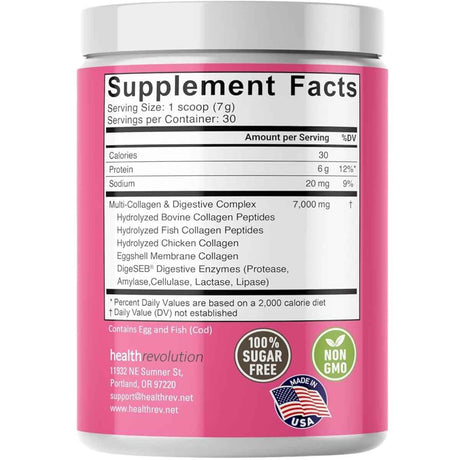 Tabla nutricional del suplemento Health Revolution Peptidos de Colageno Multi 210 g