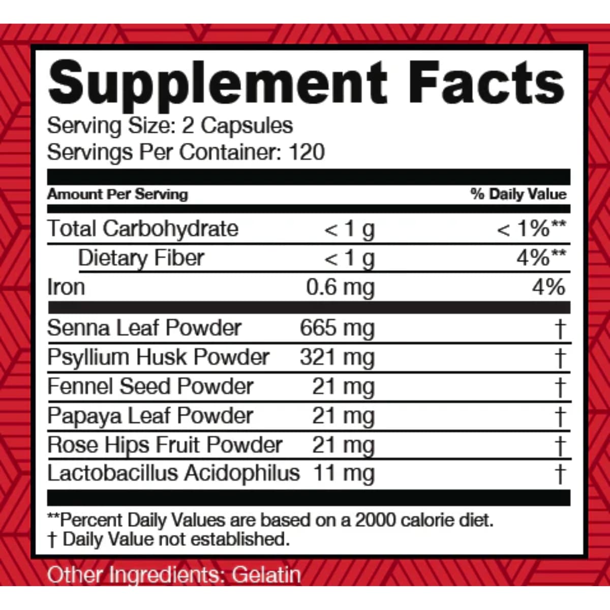Tabla nutricional del suplemento HealthPlus Super Colon Cleanse 240 cápsulas