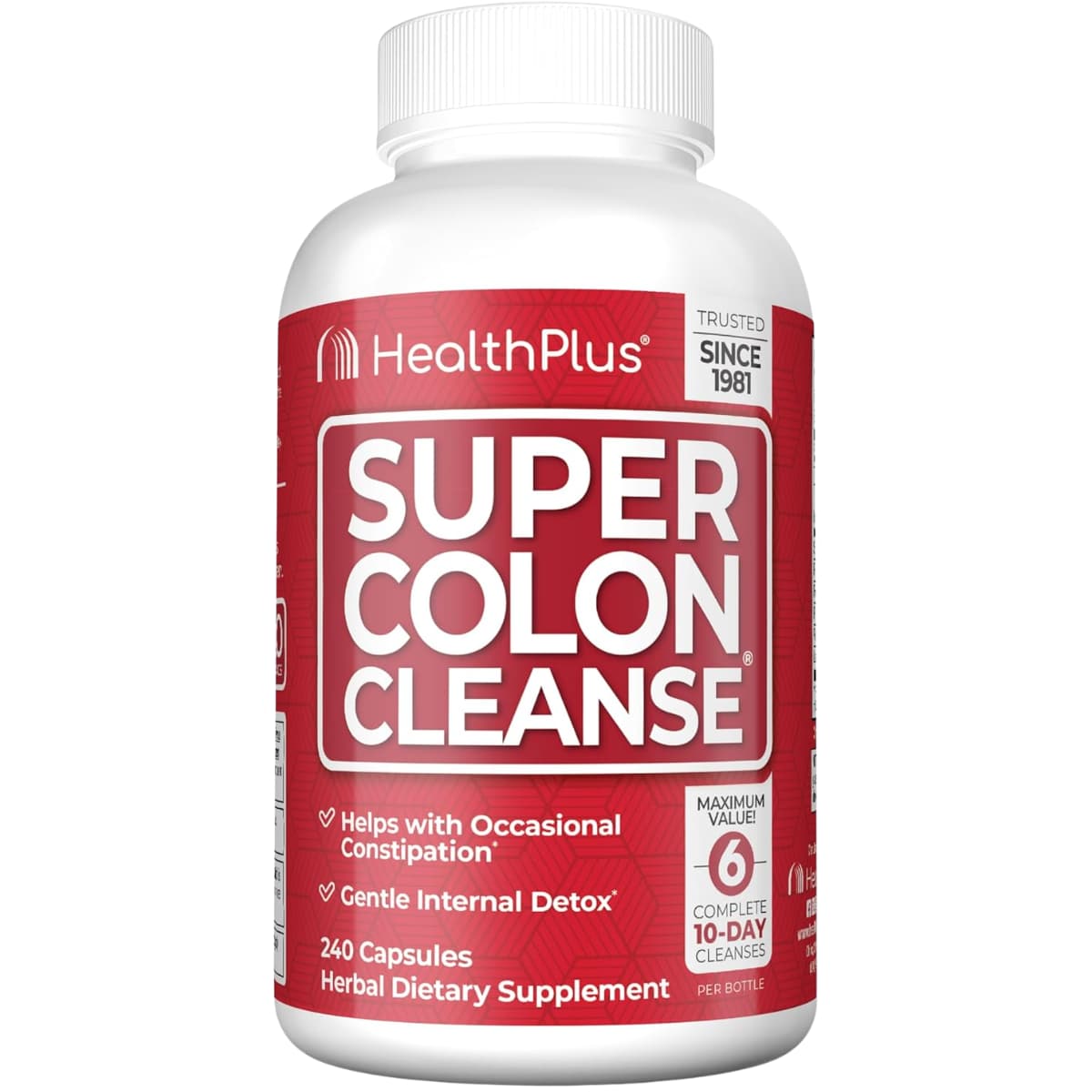 Frasco de suplemento HealthPlus Super Colon Cleanse 240 cápsulas.