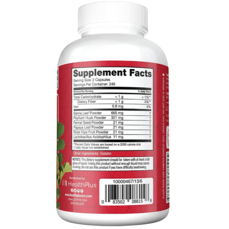 Tabla nutricional del suplemento HealthPlus Super Colon Cleanse 480 cápsulas