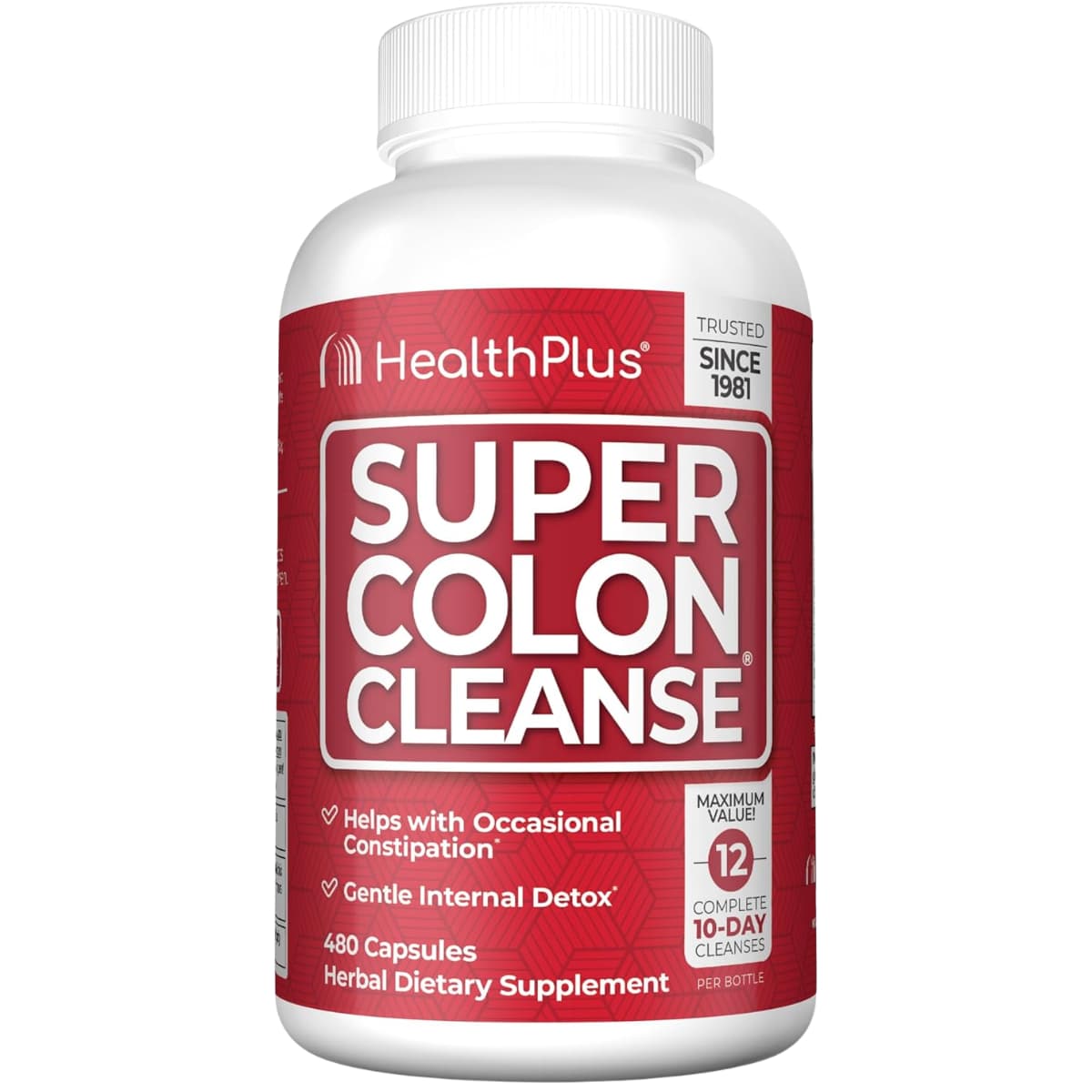 Frasco de suplemento HealthPlus Super Colon Cleanse 480 cápsulas