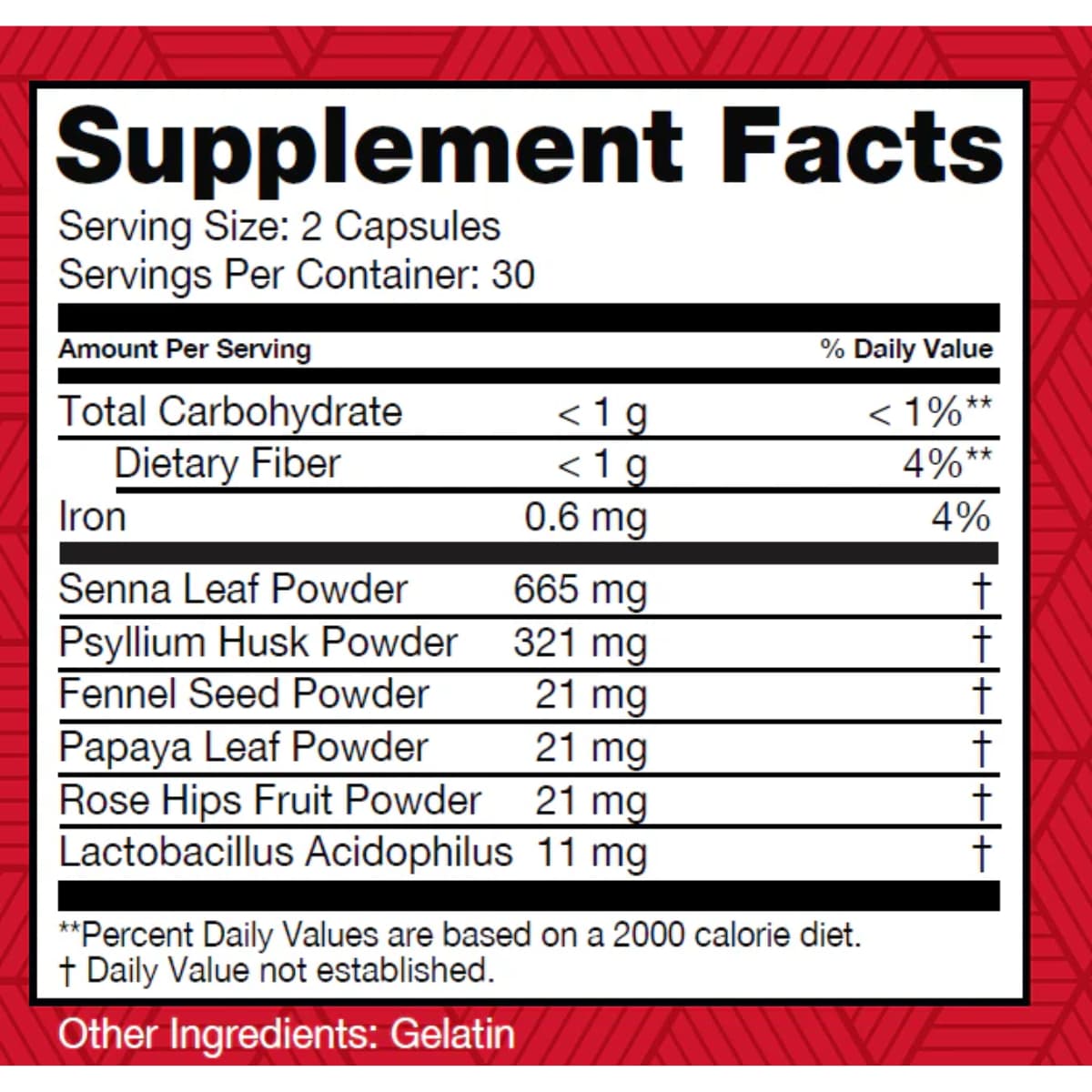 Tabla nutricional del suplemento HealthPlus Super Colon Cleanse 60 cápsulas