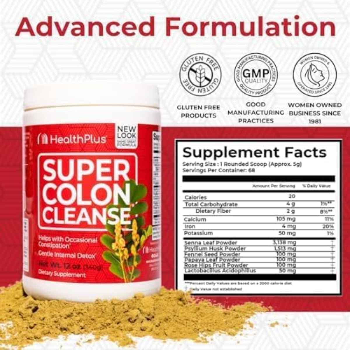 Tabla nutricional del suplemento HealthPlus Súper Limpieza de Colon 340 g Polvo