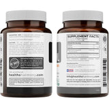 Etiqueta posterior de Healths Harmony aceite de semilla negra con modo de uso, advertencias e información del suplemento.