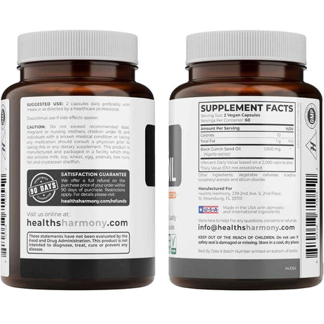 Etiqueta posterior de Healths Harmony aceite de semilla negra con modo de uso, advertencias e información del suplemento.