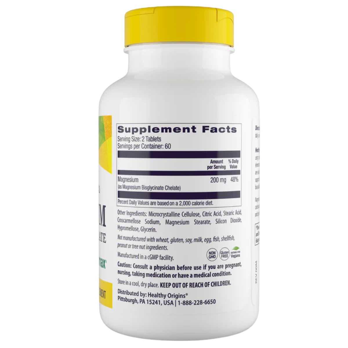 Información del suplemento de Healthy Origins bisglicinato de magnesio para la presentación de 120 tabletas