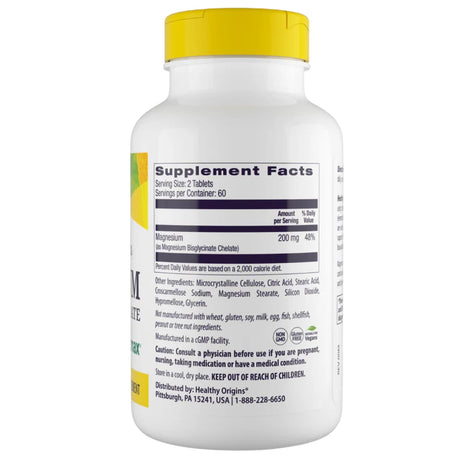 Información del suplemento de Healthy Origins bisglicinato de magnesio para la presentación de 120 tabletas