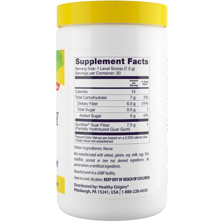 Tabla nutricional del suplemento Healthy Origins Fibra de Goma Guar Parcialmente Hidrolizada 225 g
