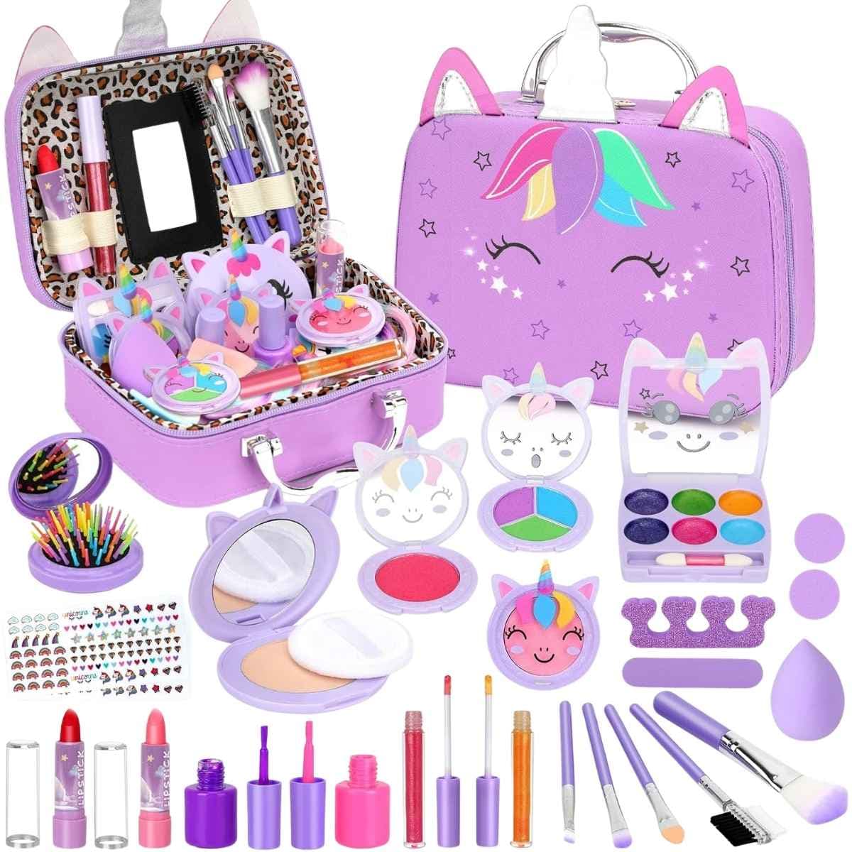 Kit Heaning de maquillaje infantil lavable color morado con estuche de unicornio y accesorios.