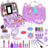Kit Heaning de maquillaje infantil lavable color morado con estuche de unicornio y accesorios.