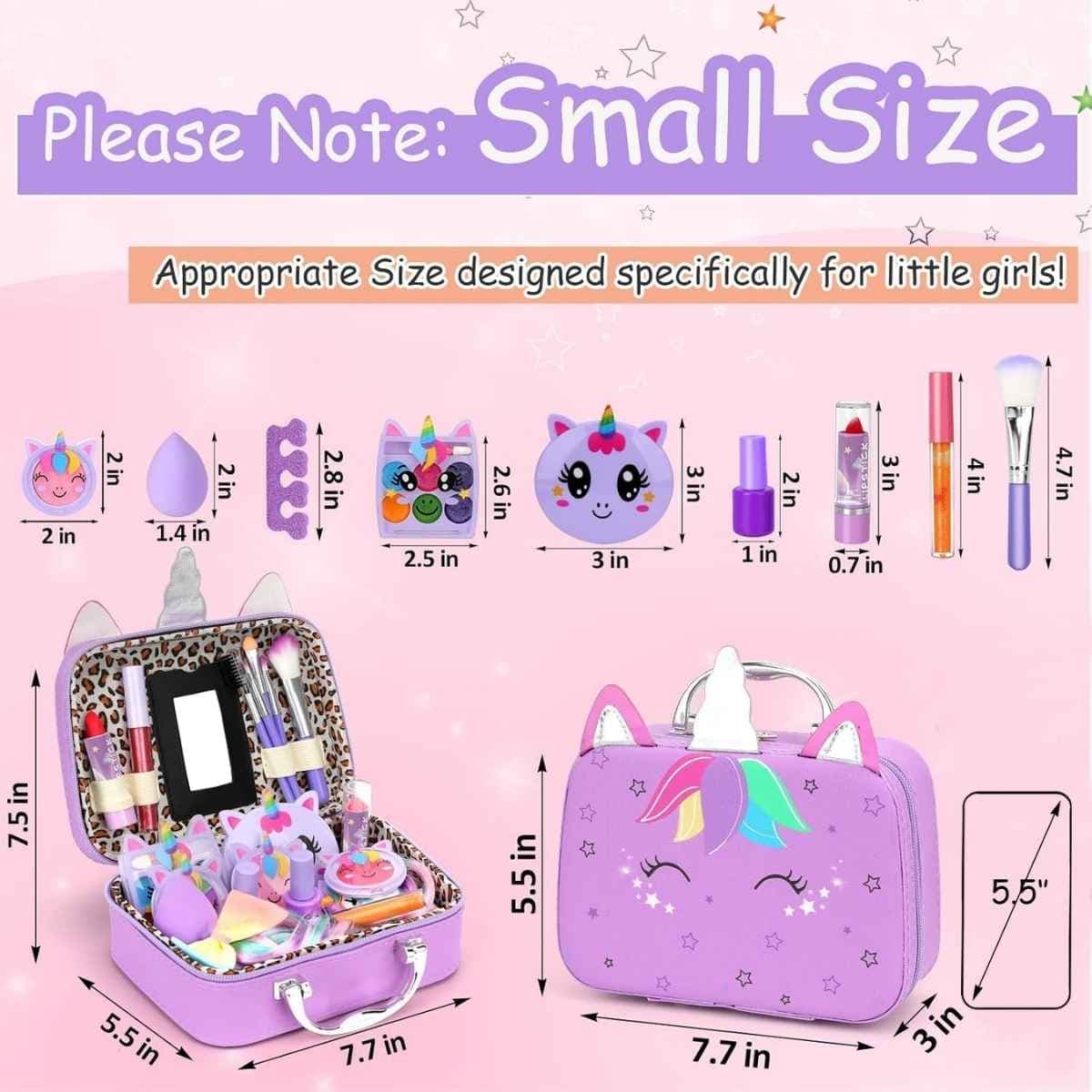 Medidas del estuche y accesorios del kit Heaning de maquillaje infantil color morado.