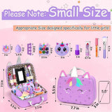 Medidas del estuche y accesorios del kit Heaning de maquillaje infantil color morado.
