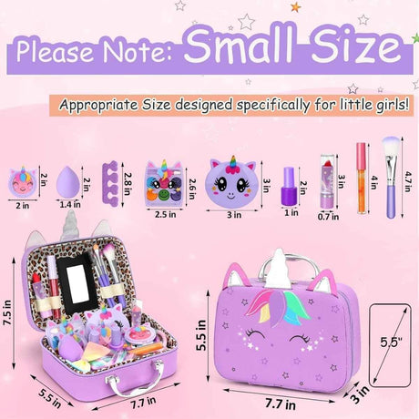 Medidas del estuche y accesorios del kit Heaning de maquillaje infantil color morado.