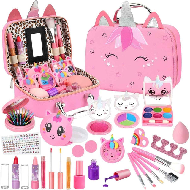 Kit Heaning de maquillaje infantil lavable color rosa con estuche de unicornio y accesorios.