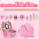 Medidas del estuche y accesorios del kit Heaning de maquillaje infantil color rosa.
