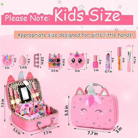 Medidas del estuche y accesorios del kit Heaning de maquillaje infantil color rosa.