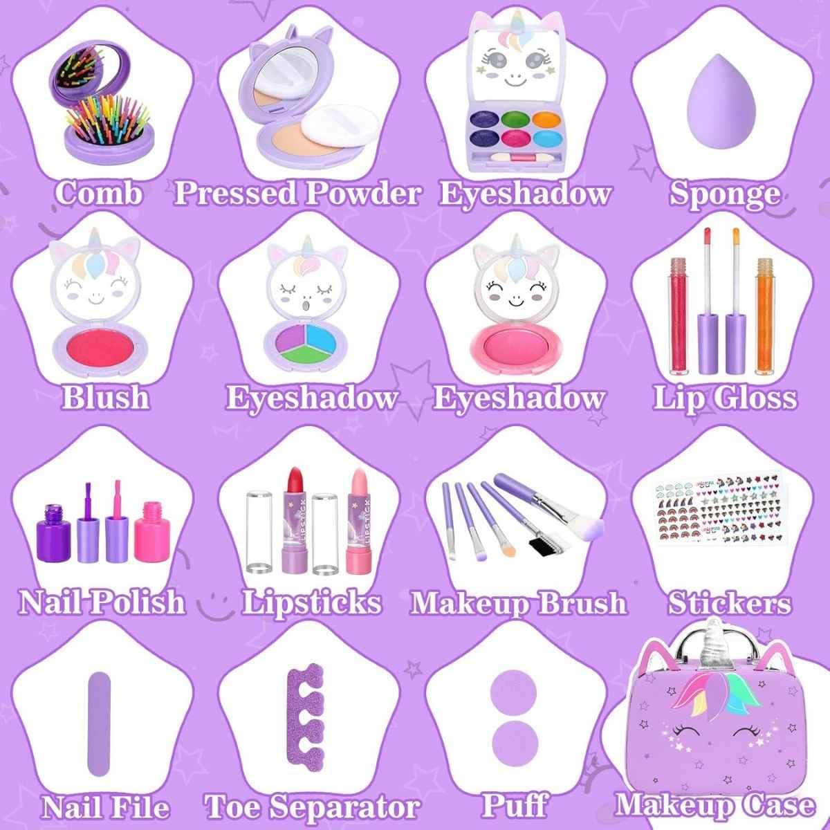 Contenido del kit Heaning morado con maquillaje infantil, brochas y accesorios.