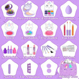 Contenido del kit Heaning morado con maquillaje infantil, brochas y accesorios.