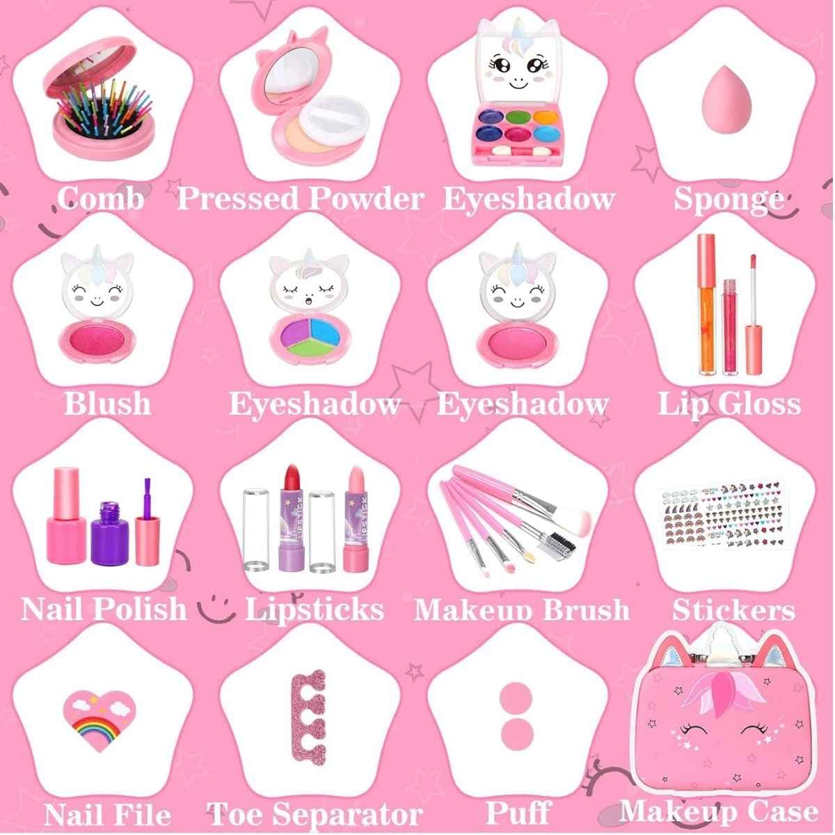 Contenido del kit Heaning rosa con maquillaje infantil, brochas y accesorios.