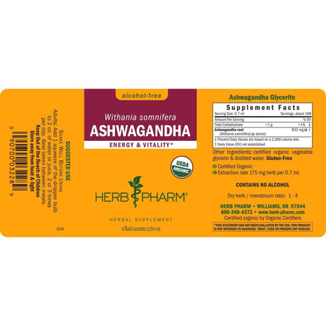 Tabla nutricional del suplemento Herb Pharm Ashwagandha sin alcohol 120 ml