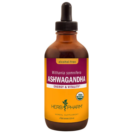 Frasco de suplemento Herb Pharm Ashwagandha sin alcohol 120 ml