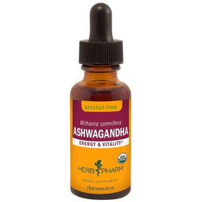 Frasco de suplemento Herb Pharm Ashwagandha sin alcohol 30 ml