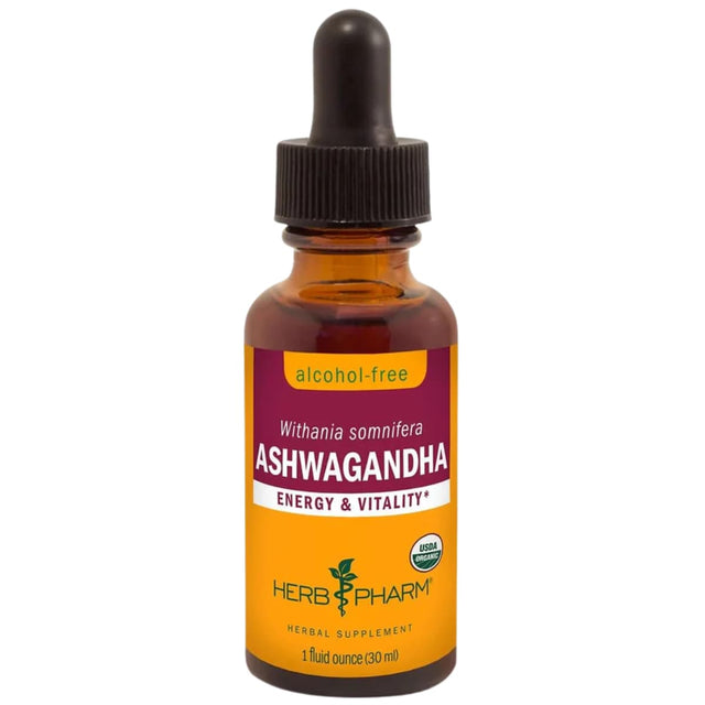 Frasco de suplemento Herb Pharm Ashwagandha sin alcohol 30 ml
