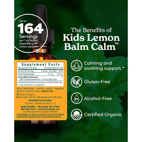 Tabla nutricional del suplemento Herb Pharm Melissa 30 ml líquido