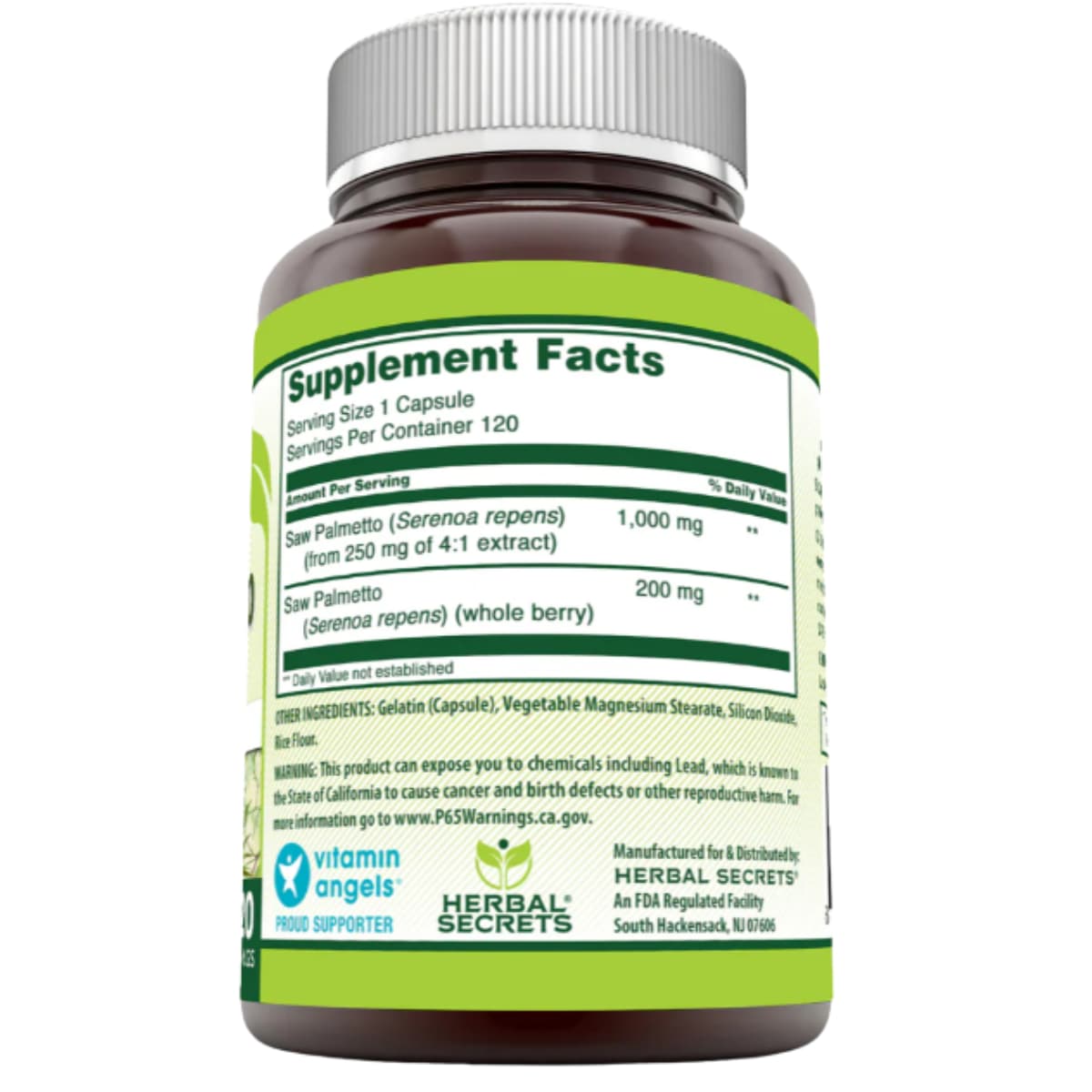 Tabla nutricional del suplemento Herbal Secrets Complejo de Saw Palmetto 1200 mg 120 cápsulas