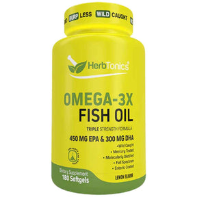 Frasco de Herbtonics Omega-3X aceite de pescado Omega 3, presentación de 180 cápsulas blandas