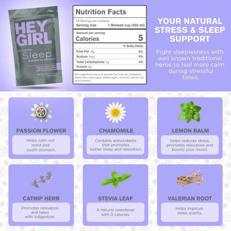 Hey Girl  te para conciliar el sueño - 45 g - 20 Servicios - Tabla Nutricional - Haz Tu Pedido.
