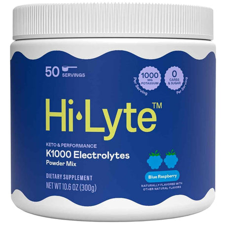 Frasco de suplemento Hi-Lyte K1000 Electrolitos frambuesa azul 50 porciones