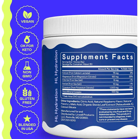Tabla nutricional del suplemento Hi-Lyte K1000 Electrolitos frambuesa azul 50 porciones