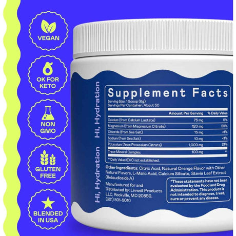 Tabla nutricional del suplemento Hi-Lyte K1000 Electrolitos naranja 50 porciones