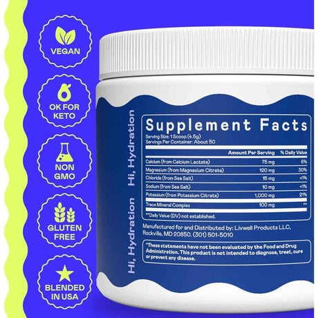 Tabla nutricional del suplemento Hi-Lyte K1000 Electrolitos sin sabor 50 porciones