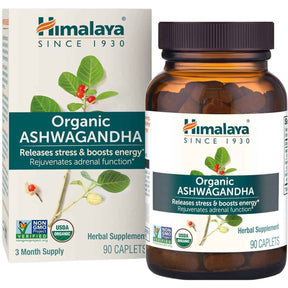 Frasco de suplemento Himalaya Ashwagandha Orgánica 670 mg 90 comprimidos