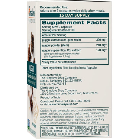 Tabla nutricional del suplemento Himalaya Guggul 60 cápsulas vegetarianas