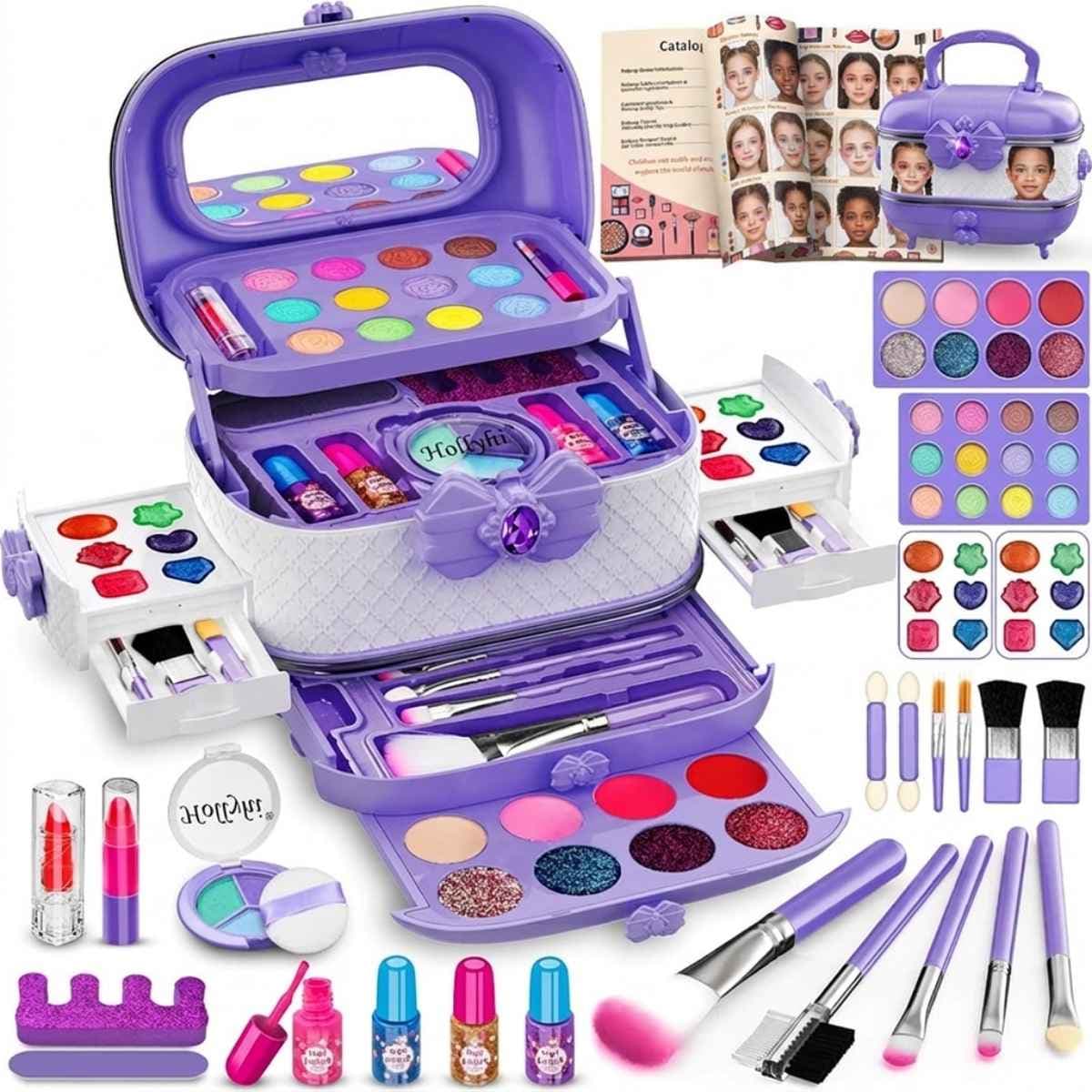 Kit de maquillaje infantil Hollyhi morado de 58 piezas con estuche y accesorios