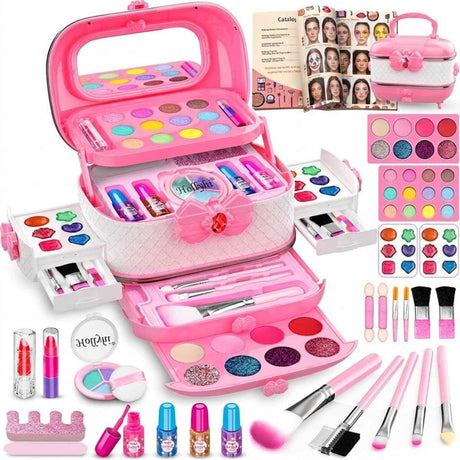 Kit de maquillaje infantil Hollyhi rosa y blanco de 58 piezas con estuche y accesorios