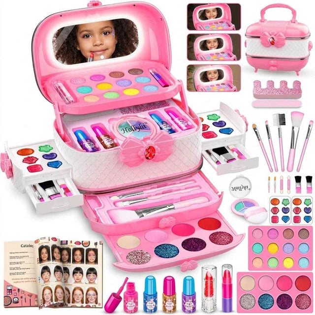 Kit de maquillaje infantil Hollyhi de 58 piezas en color rosa con estuche y accesorios