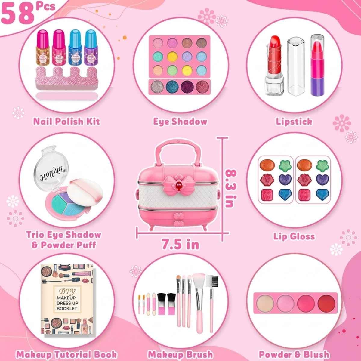 Contenido del kit de maquillaje infantil Hollyhi rosa y blanco con estuche y accesorios