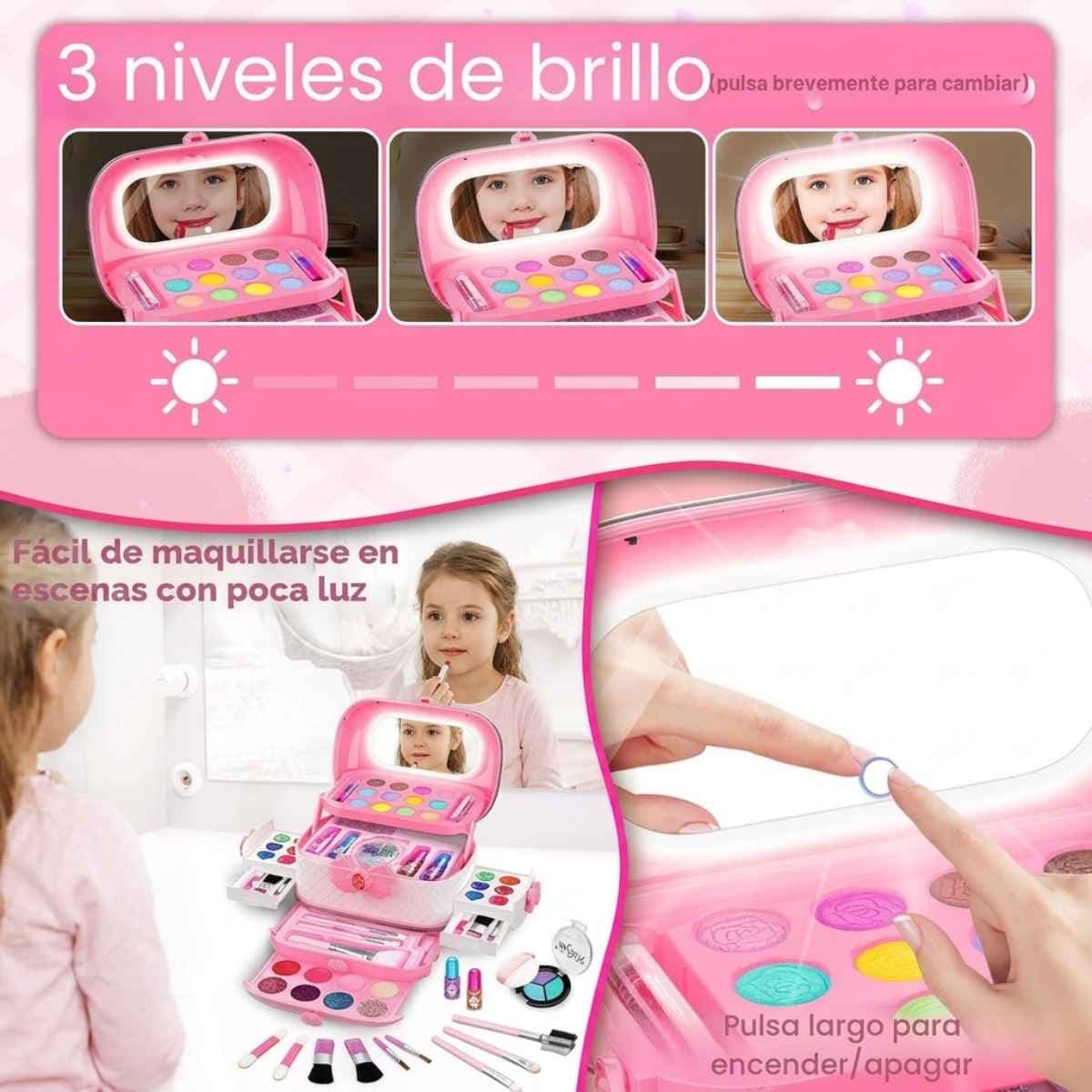Kit de maquillaje infantil Hollyhi rosa con espejo iluminado de 3 niveles