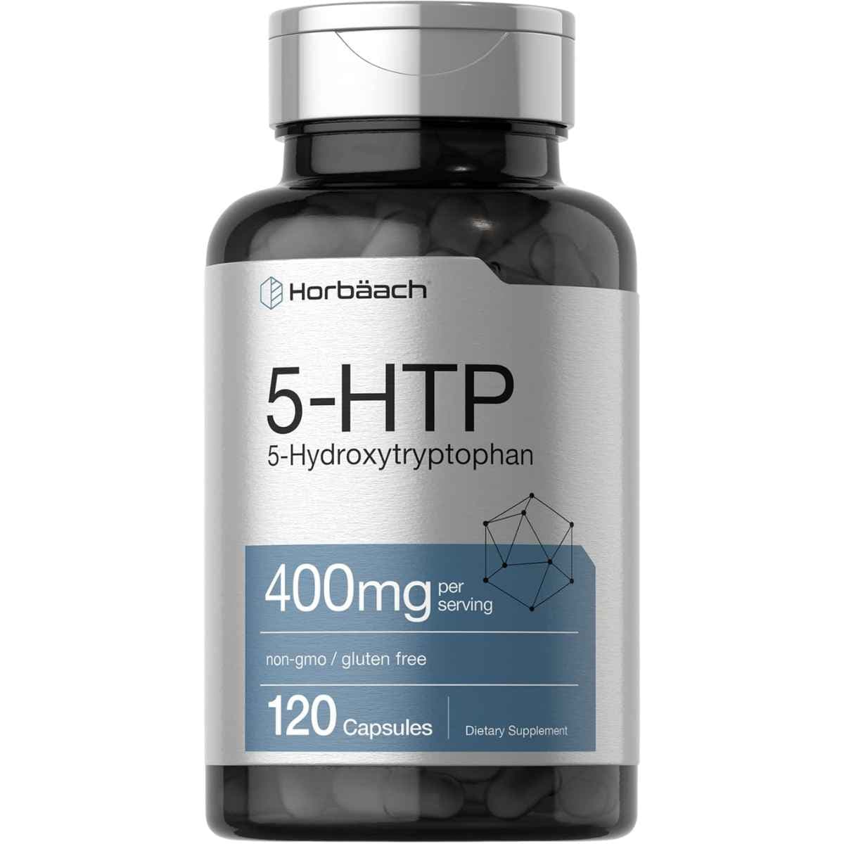 Frasco de suplemento Horbäach 5-HTP 400 mg 120 cápsulas
