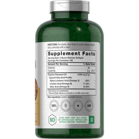 Tabla nutricional del suplemento Horbäach Aceite de Linaza Orgánico 3000 mg 300 cápsulas blandas