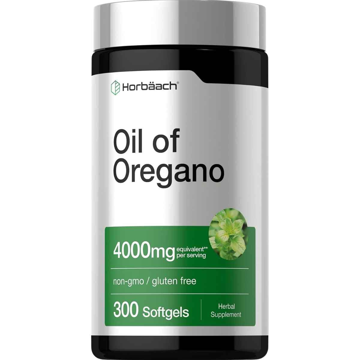 Frasco frontal de Horbaach aceite de orégano con 300 cápsulas blandas